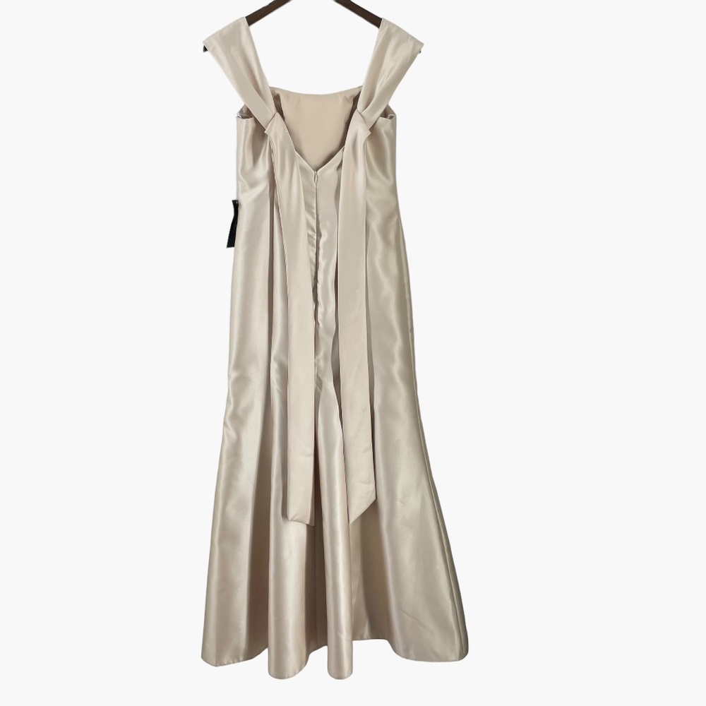 Alfred Sung Champagne Beige Off the Shoulder Bow Back Satin Dress - Picture 5 of 10